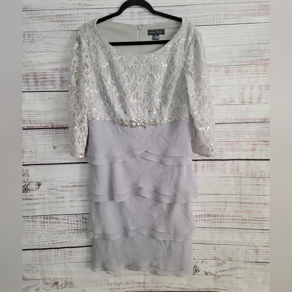 Jessica Howard S14 Lace 3/4 Sleve Cocktail Dress Silver